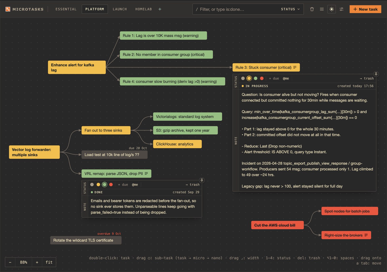 Microtasks in dark mode: two goals broken into linked, colour-coded tasks on a dotted canvas, with notes open on two of them