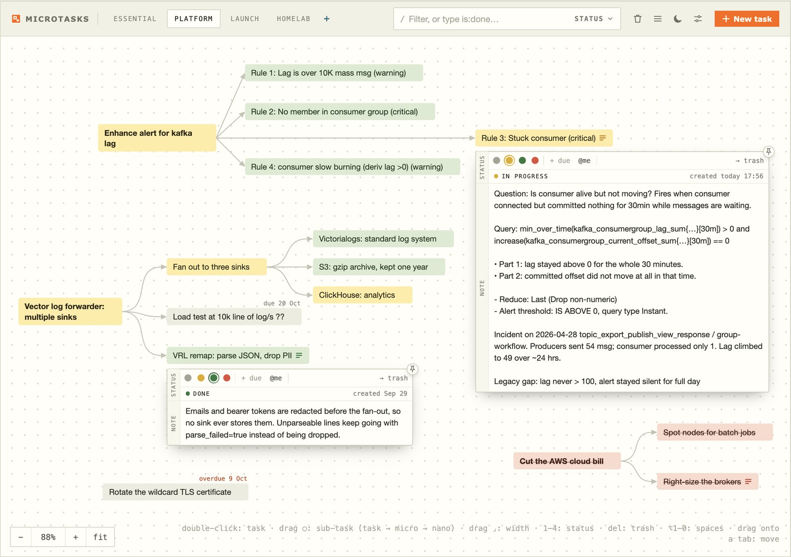 Microtasks: two goals broken into linked, colour-coded tasks on a dotted canvas, with notes open on two of them