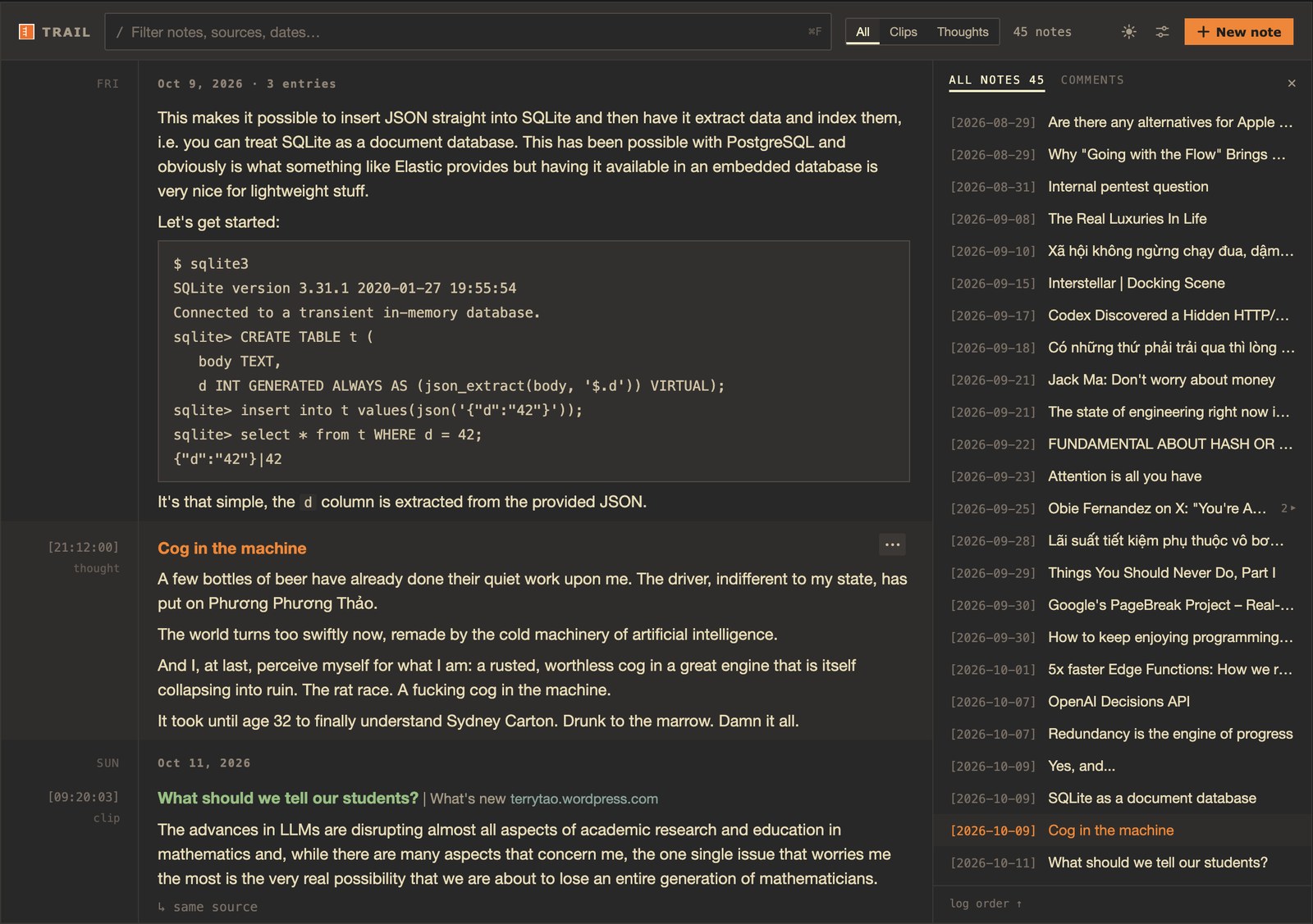 Trail in dark mode: a daily log of clipped passages and written thoughts, with an index of all notes on the right