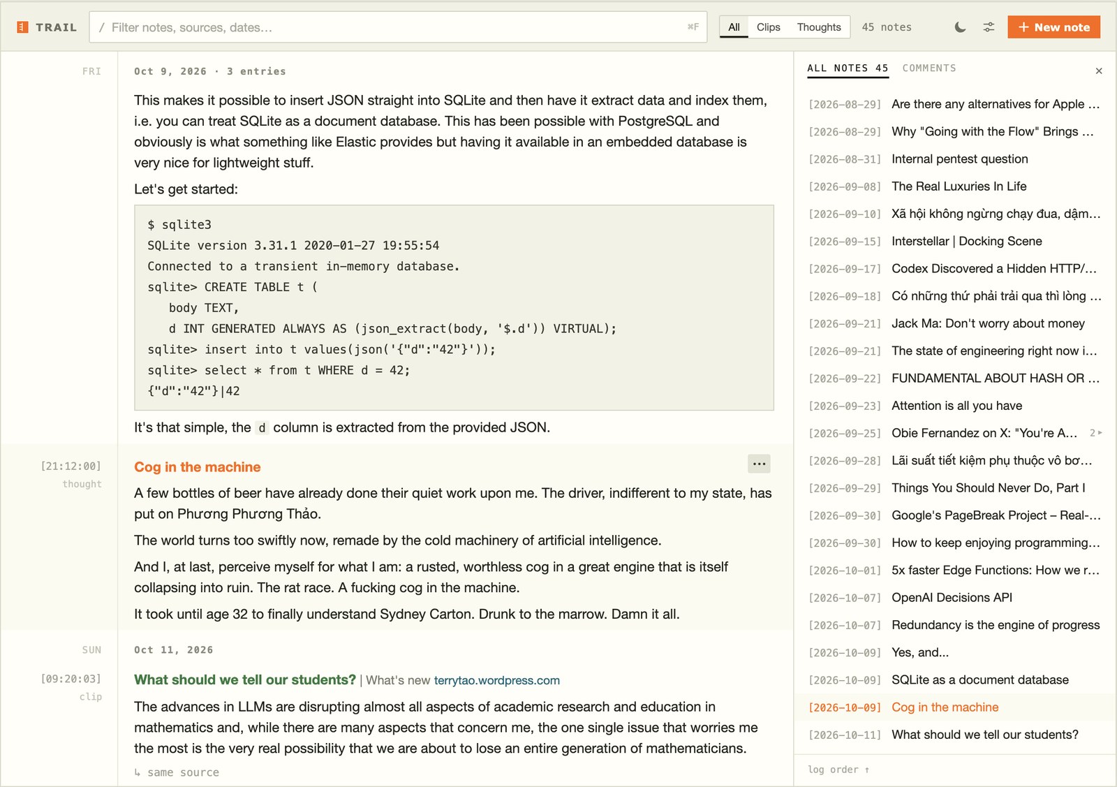 Trail: a daily log of clipped passages and written thoughts, with an index of all notes on the right